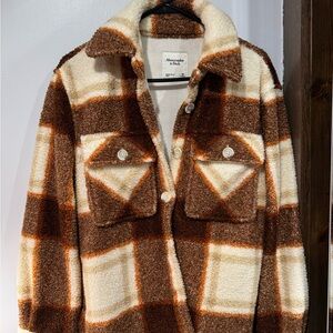 Abercrombie Brown and Cream Plaid Sherpa Jacket